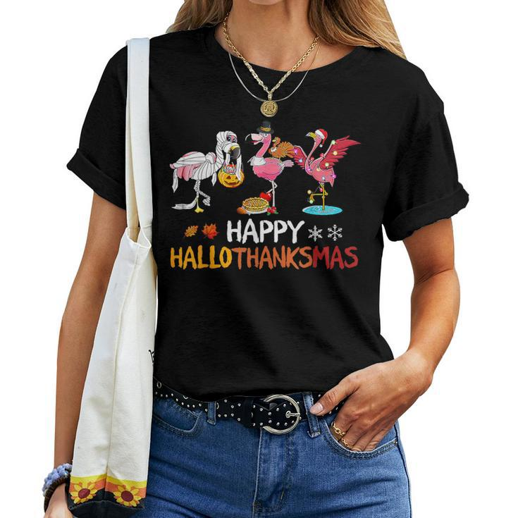 Cute Flamingo Hallothanksmas Happy Halloween Thanksgiving Women T-shirt