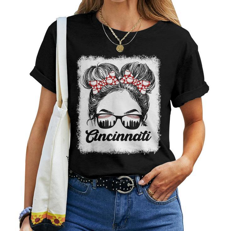 Cute Messy Bun Cincinnati Retro Baseball Lover Game Day Women T-shirt
