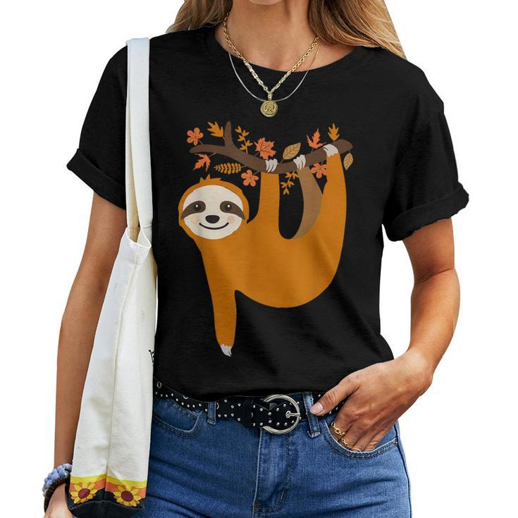Cute Sloth Fall Leaves Thanksgiving For Girls Autumn Women T-shirt