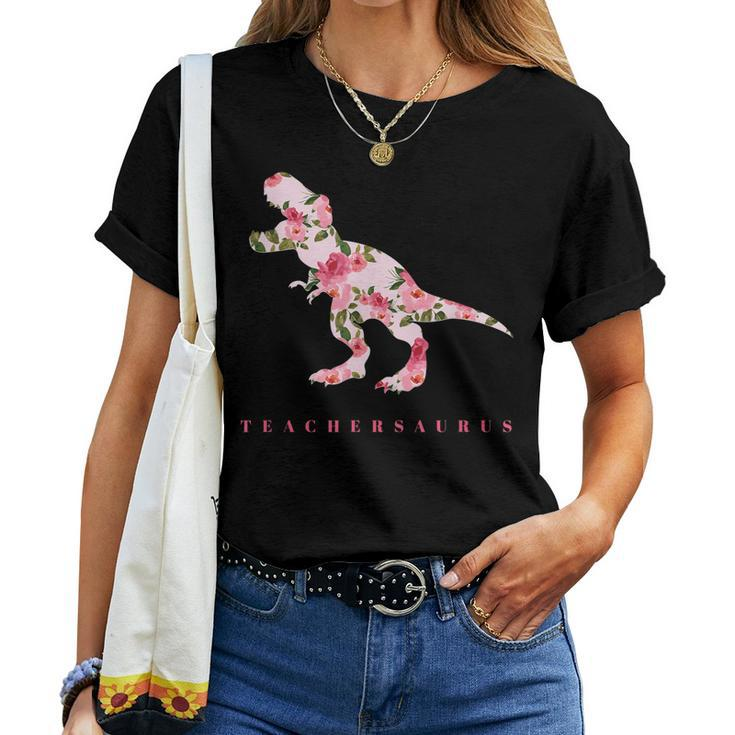 Cute Teachersaurus With Floral Dinosaur Trex Women T-shirt