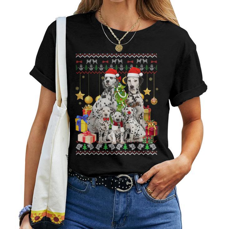 Dalmatian Ugly Christmas Sweater Santa Hat Women T-shirt