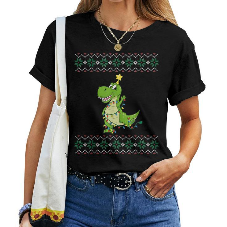 Dinosaur Ugly Sweater Christmas Lights Dinosaur Women T-shirt