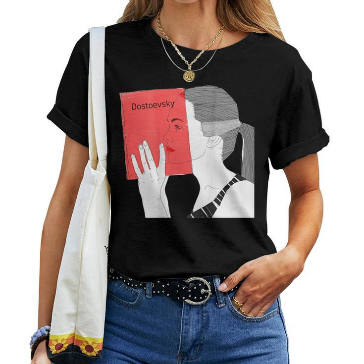 Dostoevsky Sketch Back Print Stylish Girl Read Book Women T-shirt