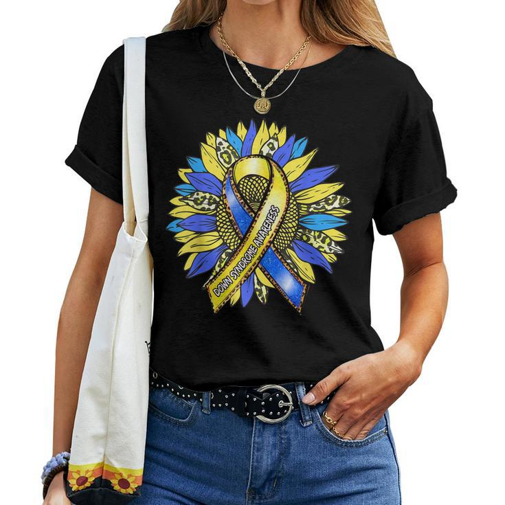 Down Syndrome Awareness Leopard Sunflower Yellow Blue Ribbon Women T-shirt