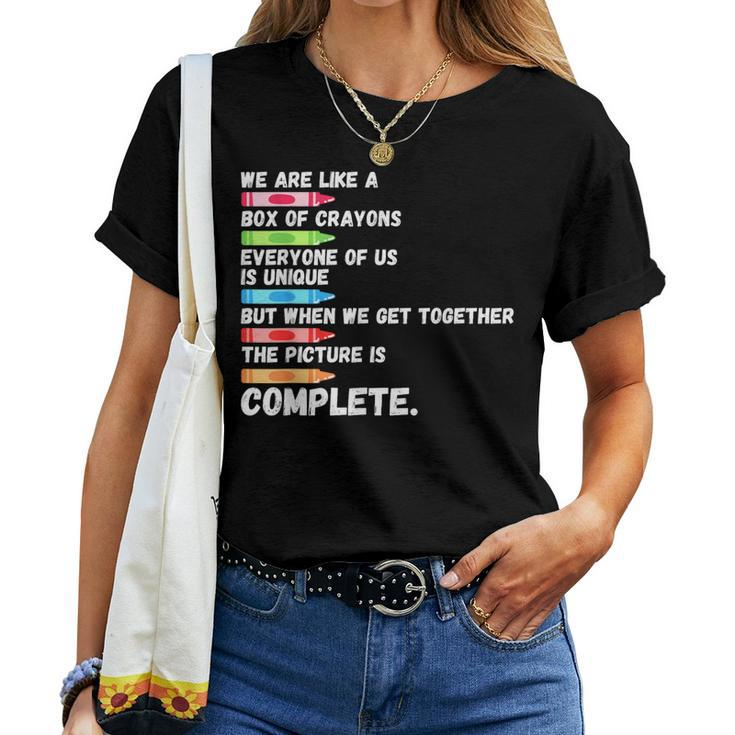 First Day Back To School We Are Like Box Of Crayons Teacher Women T-shirt