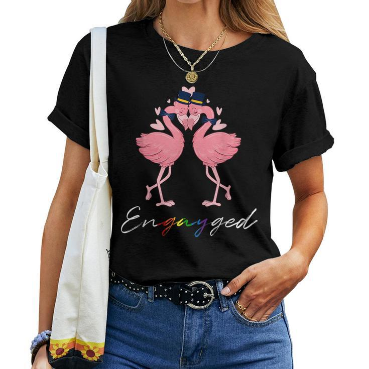 Flamingo Engayged Engaged Gay Lgbt Rainbow Flag Women T-shirt