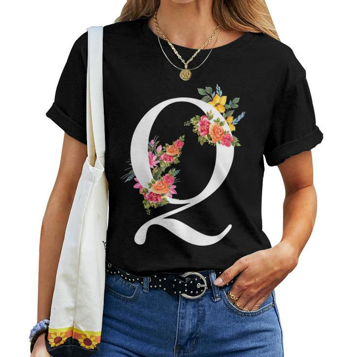 Floral Alphabet Letter First Name With Q Flower Women T-shirt