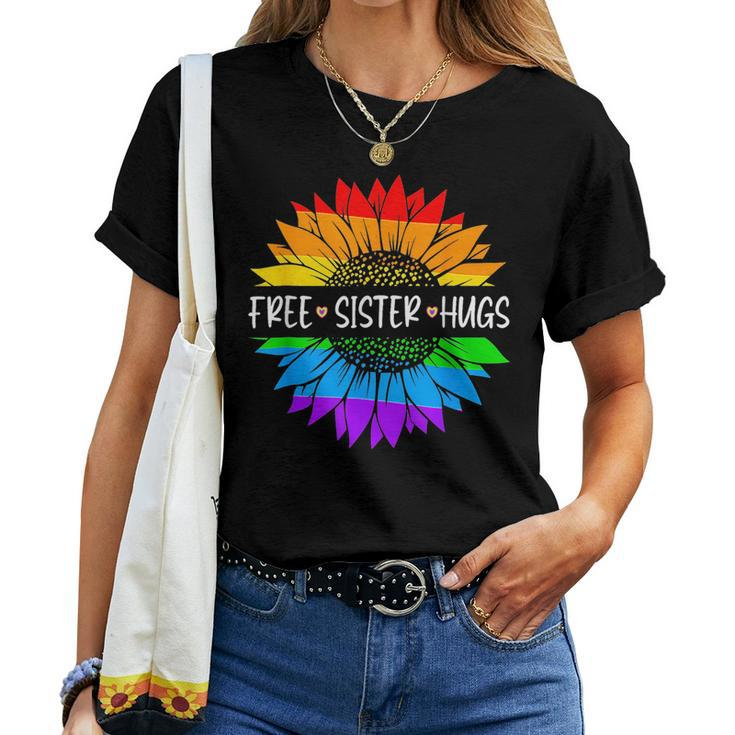 Free Sister Hugs Rainbow Sunflower Lgbt Gay Pride Month Women T-shirt