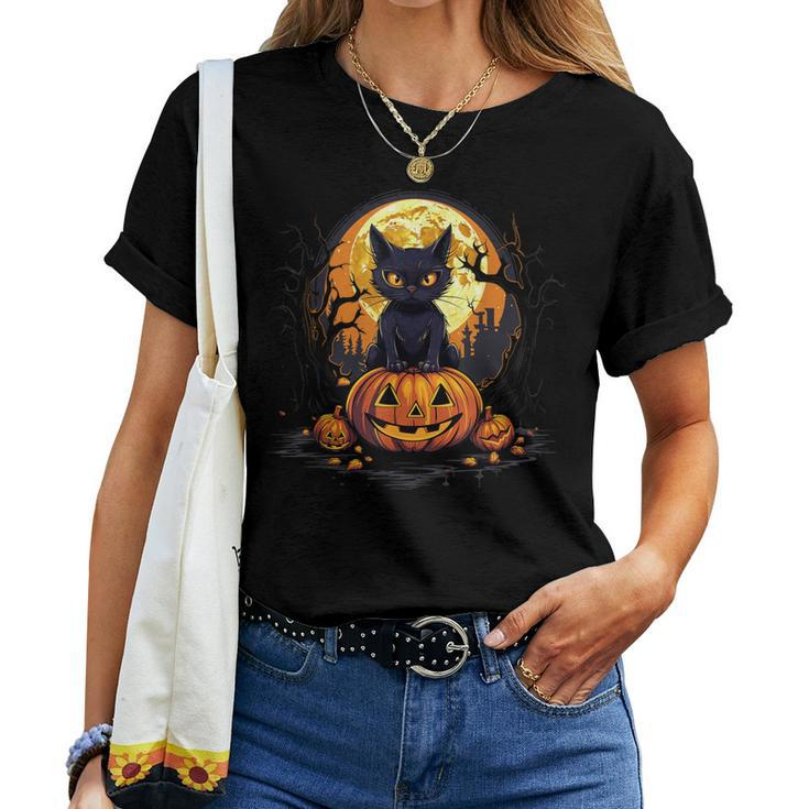 Full Moon Halloween Scary Black Cat Costume Pumpkins Women T-shirt