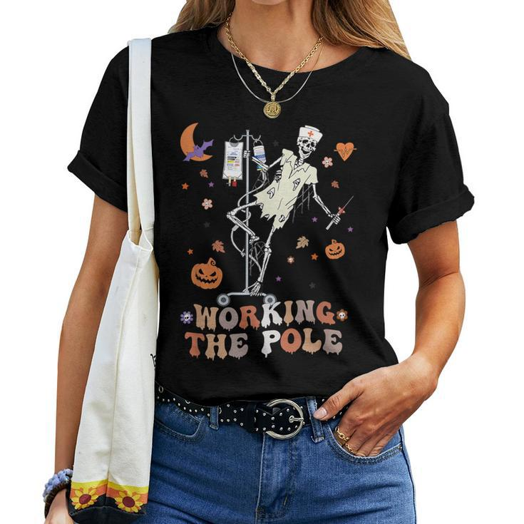 Halloween Icu Er Nurse Working The Pole Skeleton Dance Women T-shirt