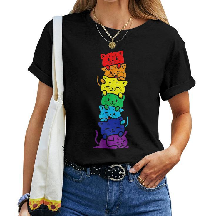 Funny Lgbt Cat Stack Rainbow Gay Pride Gift For Cat Lover  Women T-shirt Crewneck Short Sleeve Graphic