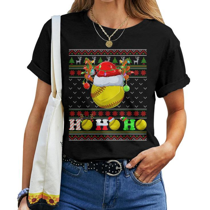Softball Ball Xmas Tree Lights Ugly Christmas Sweater Women T-shirt