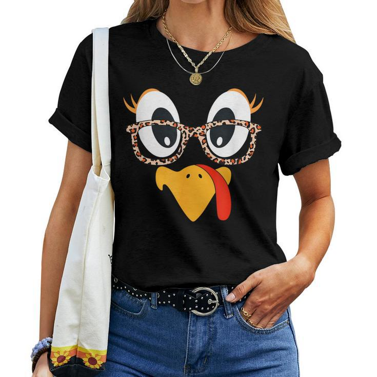 Thanksgiving Turkey Face Leopard Print Glasses Women Women T-shirt