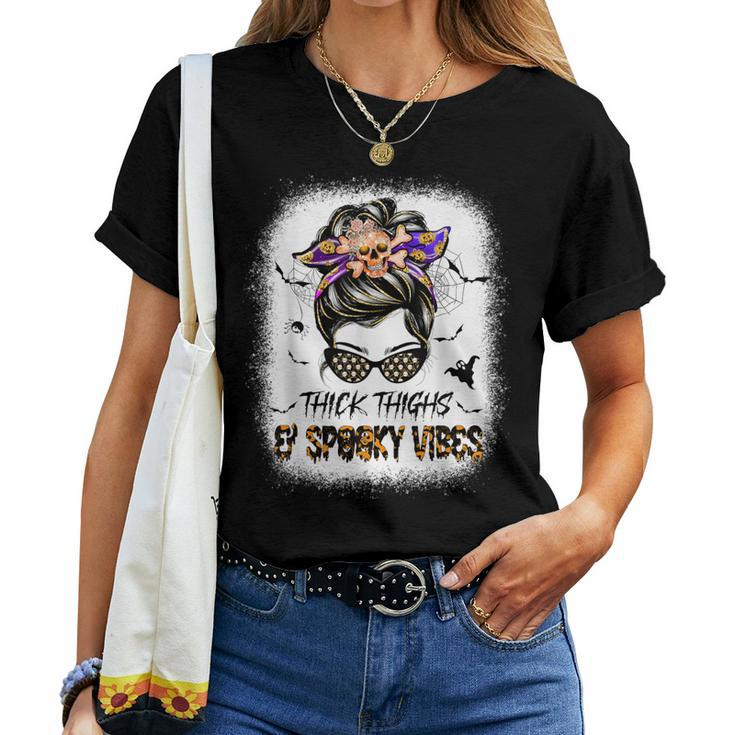 Thicks Thighs Spooky Vibes Skull Messy Bun Halloween Women T-shirt