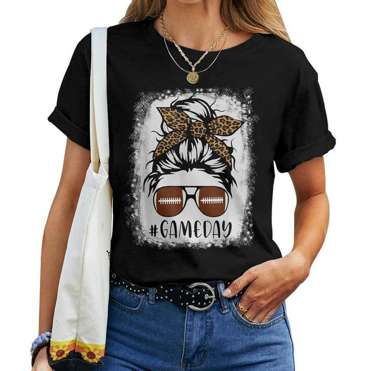 Game Day Leopard Messy Bun Mom Football Lover Bleached Women T-shirt