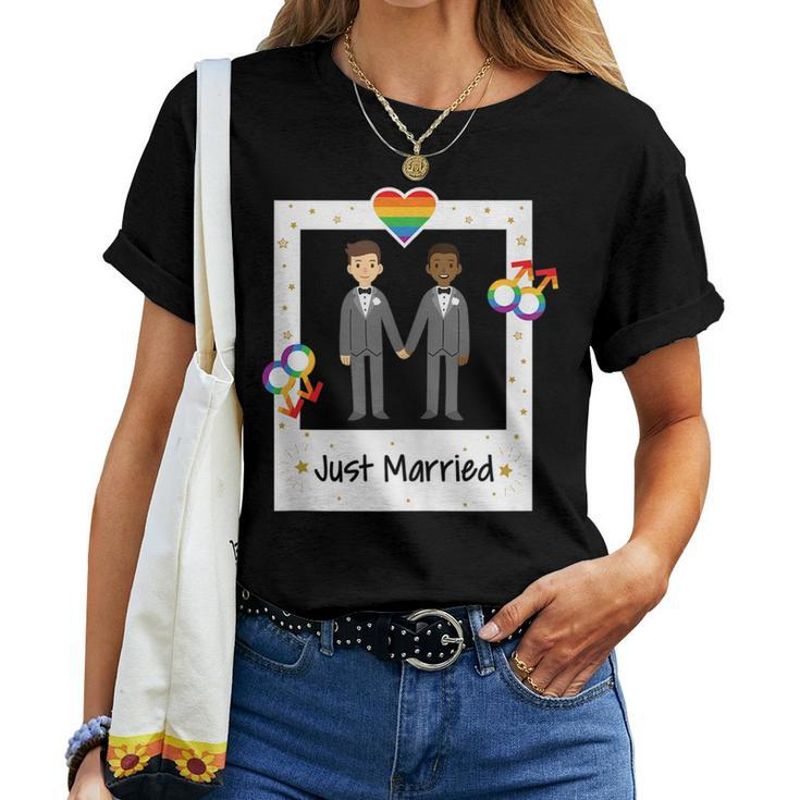 Gay Couple Just Married Rainbow Lgbt Wedding Men Husband Women T-shirt