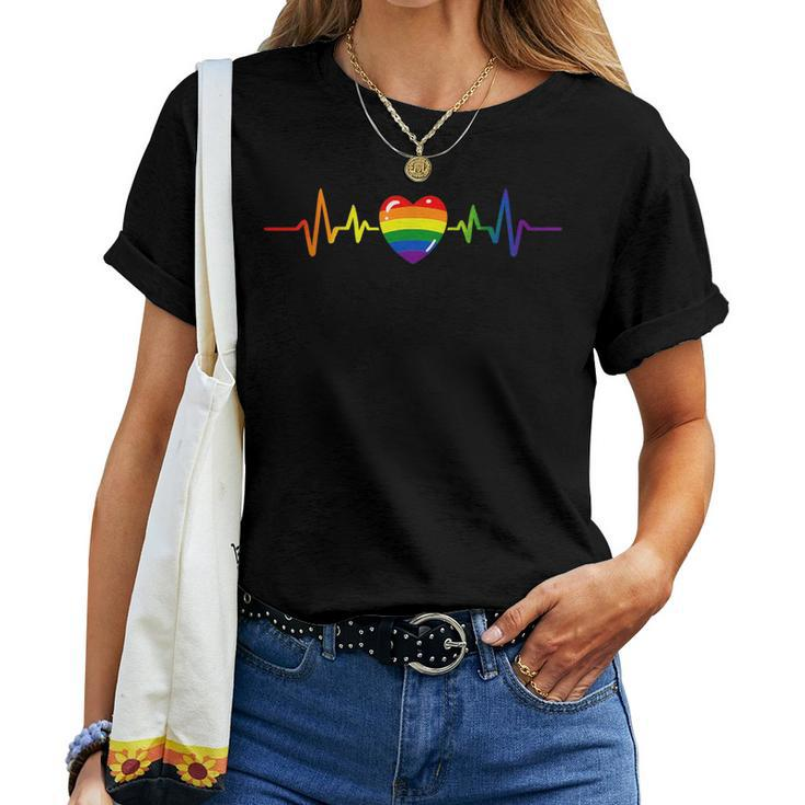 Gay Pride Rainbow Heartbeat Lgbtq Month Gender Equality  Women T-shirt Crewneck Short Sleeve Graphic