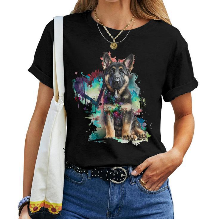 German Shepherd Puppy Mom Lover Watercolor Painting Heart  Women T-shirt Short Sleeve Graphic