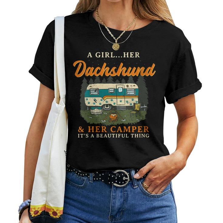 A Girl Her Dachshund And Her Camper Weiner Camping Women T-shirt
