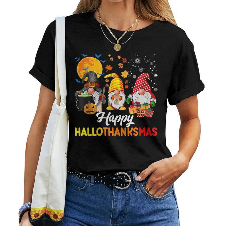 Gnomes Lover Halloween Merry Christmas Happy Hallothanksmas Women T-shirt