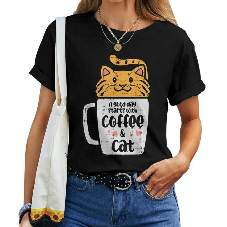 Good Day Starts With Coffee Cat Cute Kitten Girls N Women T-shirt