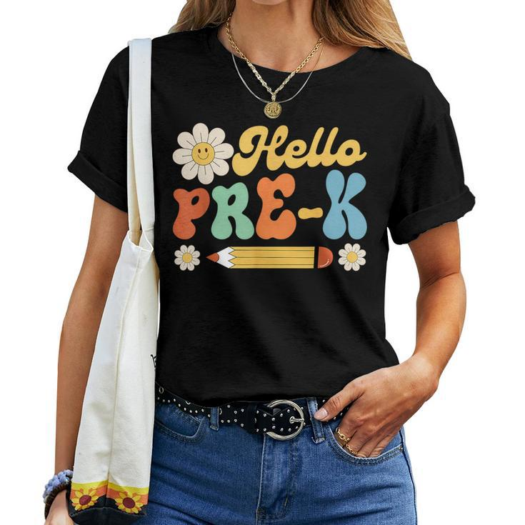 Groovy Hello Pre-K First Day Of School Teachers Kids Girls  Women T-shirt Crewneck Short Sleeve Graphic