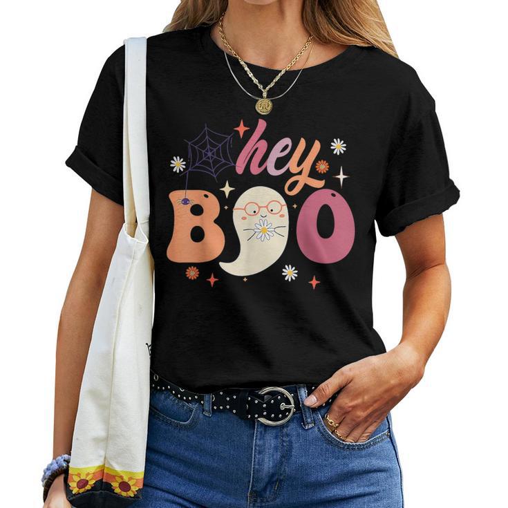 Groovy Hey Boo Cute Ghost Halloween Spooky Season Women T-shirt