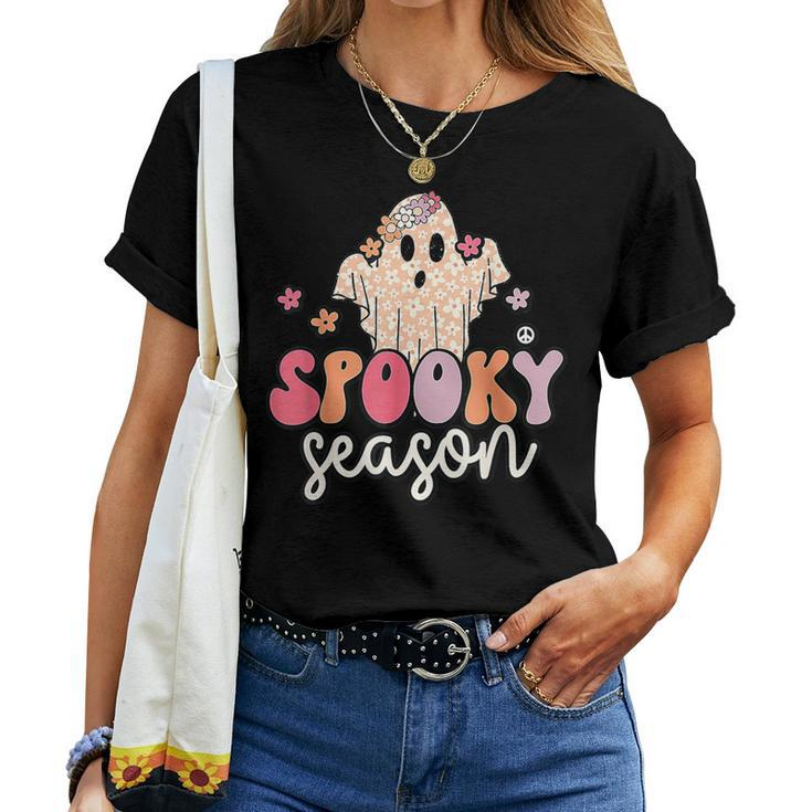 Groovy Spooky Season Cute Ghost Flower Halloween Women T-shirt
