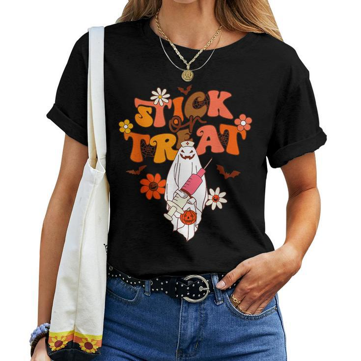 Groovy Stick Or Treat Er Tech Fall Autumn Nurse Halloween Women T-shirt
