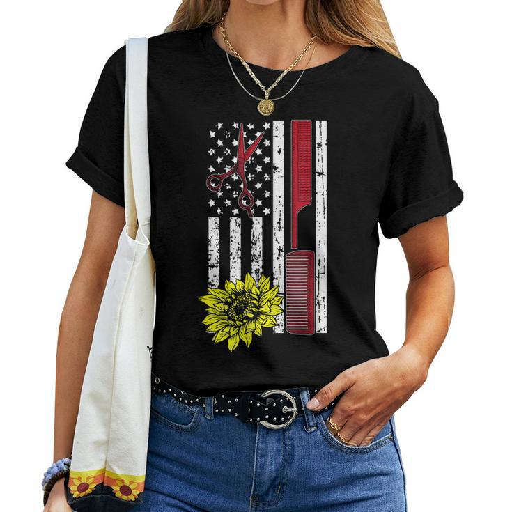 Hairdresser American Flag Sunflower Cool Hair Stylist Women T-shirt