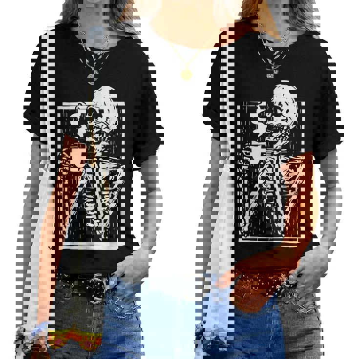 Halloween Coffee Drinking Skeleton Skull Women T-shirt