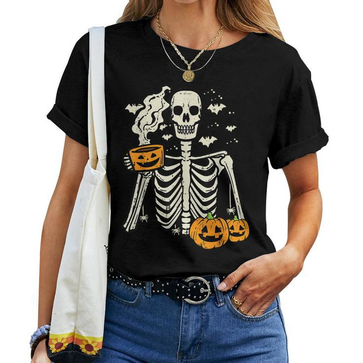 Halloween Skeleton Pumpkin Fall Coffee Fun Costume Women T-shirt