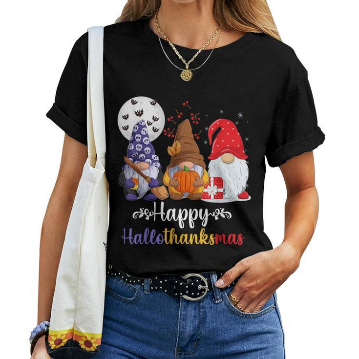 Halloween Thanksgiving Christmas Happy Hallothanksmas Gnome Women T-shirt