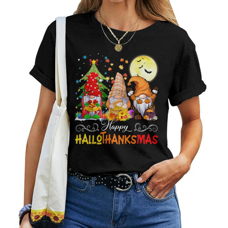 Halloween Thanksgiving Christmas Happy Hallothanksmas Gnomes Women T-shirt
