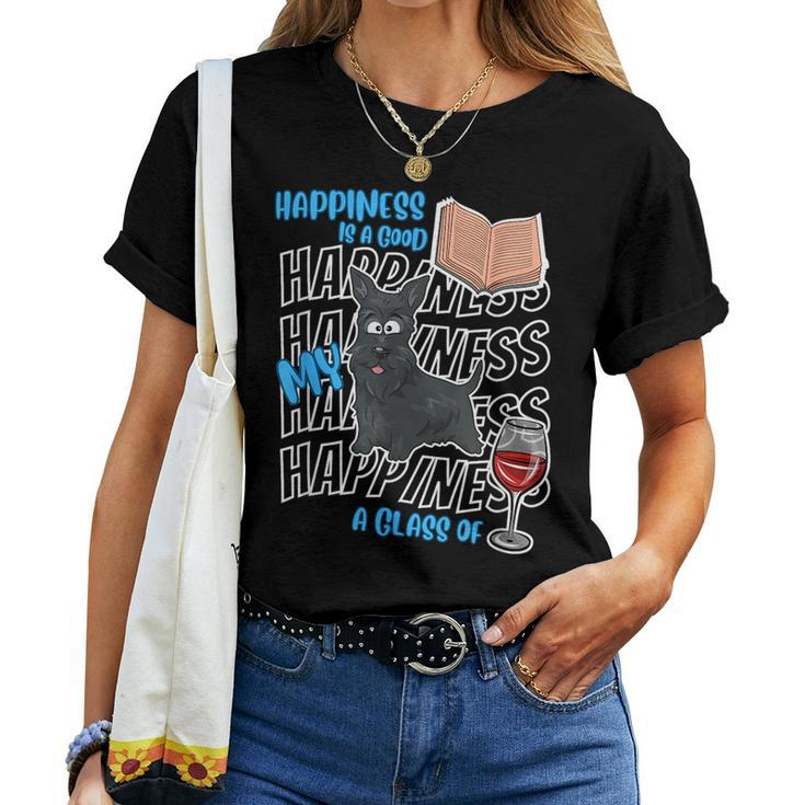 Happiness Is Scottish Terriers Books Wine Cute Scottie Dog Wine Women T-shirt