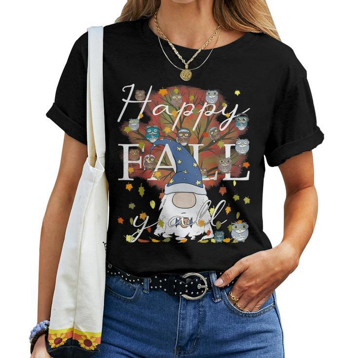 Happy Fall Y'all Gnome Owl Coffee Lover Autumn Thanksgiving For Coffee Lovers Women T-shirt
