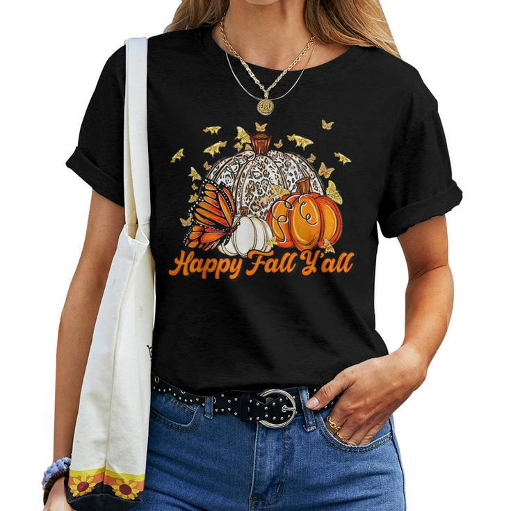 Happy Fall Y'all Pumpkin Butterfly Autumn Thanksgiving Retro Women T-shirt