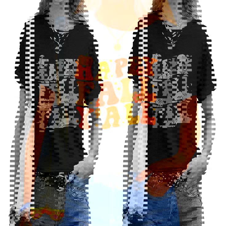 Happy Fall Yall Squad Groovy Fall Autumn And Halloween Halloween Women T-shirt