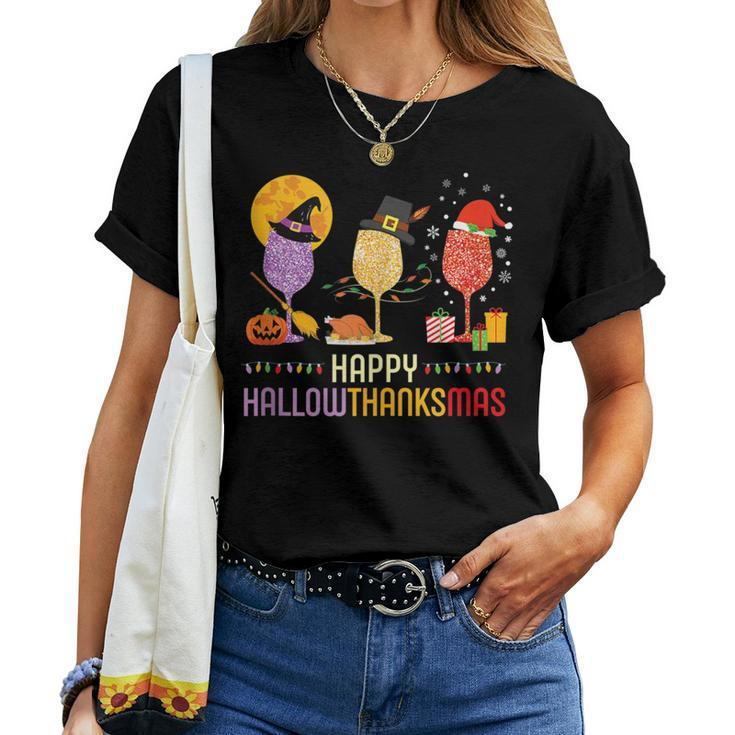 Happy Hallowthanksmas Wine Glass All Holidays Party Women T-shirt