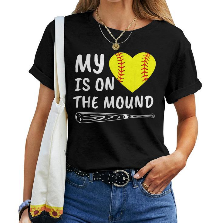My Heart Is On The Mound Softball Bat Proud Mom Dad Women T-shirt