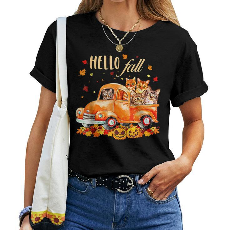 Hello Fall Cat Halloween Pumkin Halloween Women T-shirt