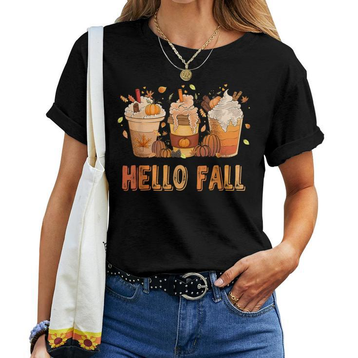 Hello Fall Latte Coffe Pumpkin Fall Y'all Leopard Peace Love Women T-shirt