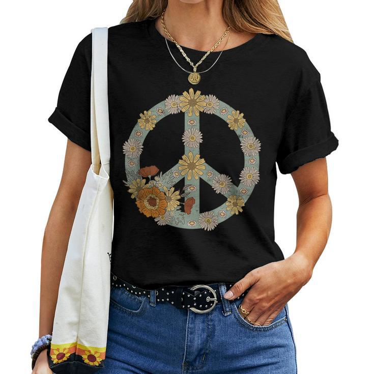 Hippie Floral Groovy Peace 70S Flower Vintage Peace Sign Women T-shirt
