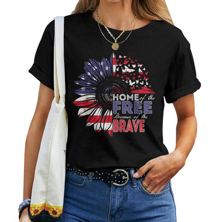 Home Of Free Because Of Brave Butterfly Sunflower July 4Th Women T-shirt