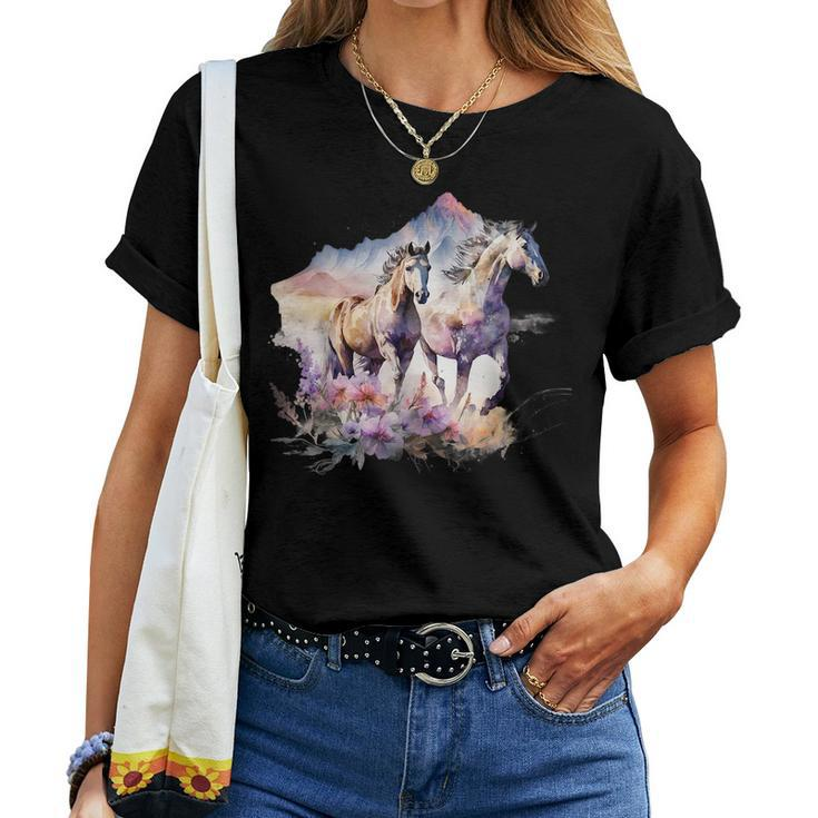 Horses Flowers Wild Mane Boho Western Southern Cowgirl For Bird Lovers Women T-shirt