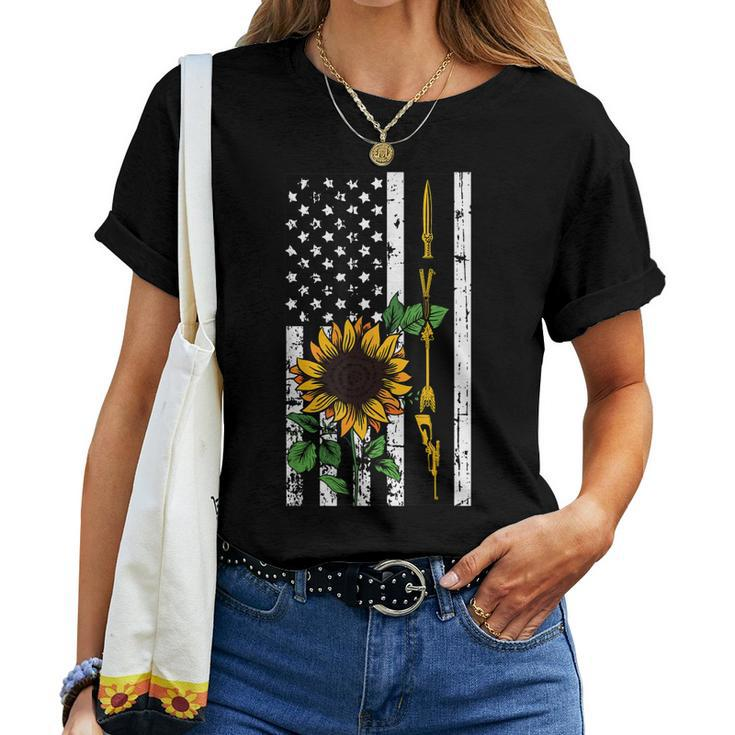 Hunting Gun Bow American Flag Sunflower Cool Hunter Women T-shirt