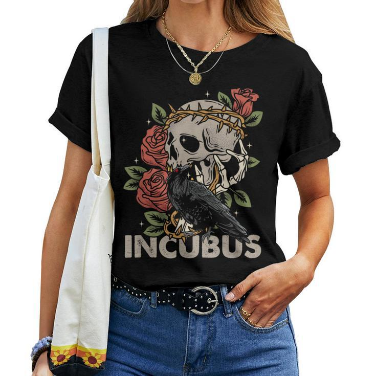 Incubus-Crow Left Skull Morning And Flower Halloween Graphic Women T-shirt