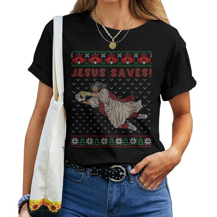 Jesus Saves Soccer Goal Keeper Ugly Christmas Sweater Women T-shirt