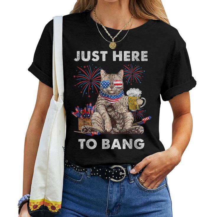 Just Here To Bang Usa Flag Beer 4Th Of July Cat Lover For Cat Lover Women T-shirt