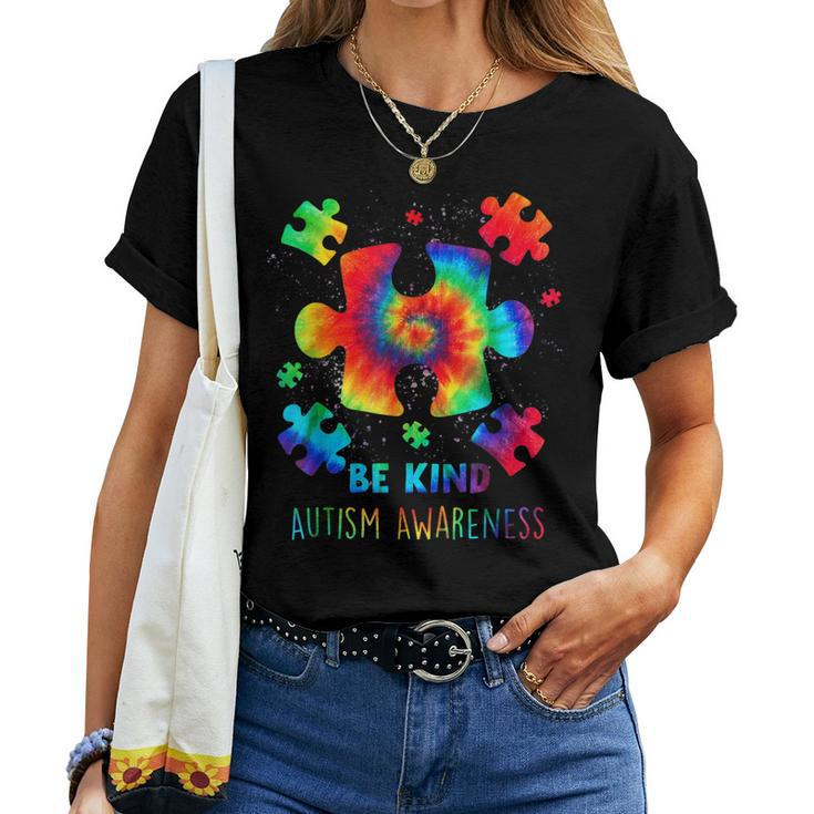 Be Kind Puzzle Pieces Tie Dye Autism Awareness Women T-shirt